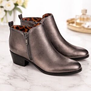 Lucky Brand Basel 9M Pewter Metallic Leather Ankle Boots Low Heel Leopard Lining